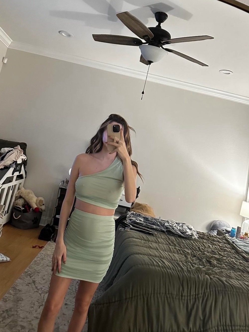 One-Shoulder Sage Green Bodycon Skirt Set